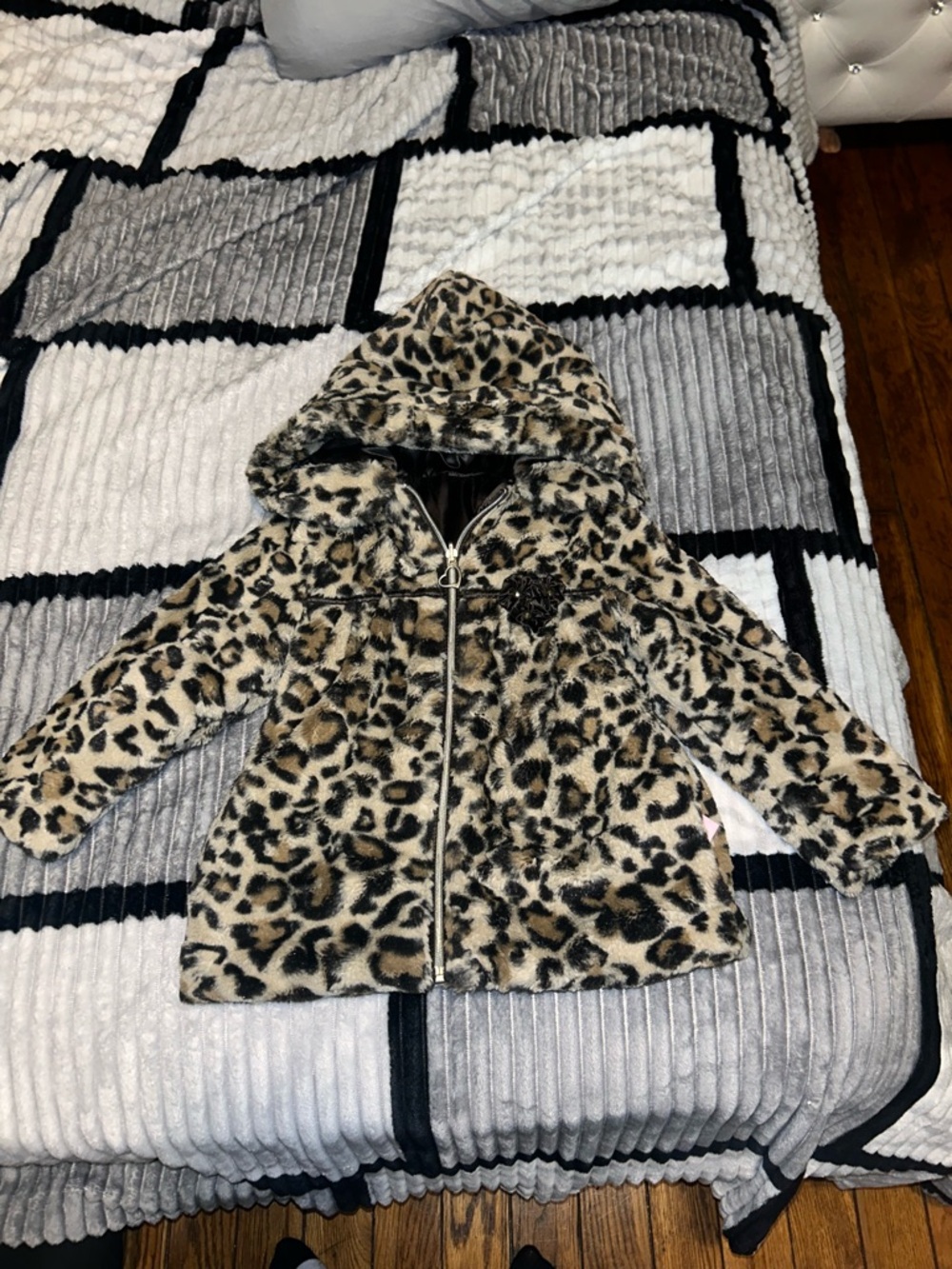 Kids Leopard Print Faux Fur Hooded Coat - Beige/Black